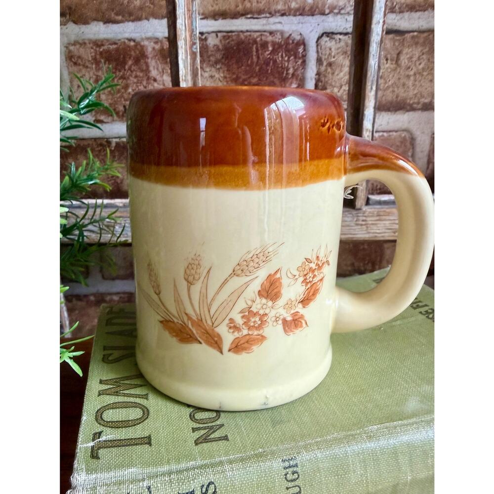 1970s Stoneware Mug | Two-Tone Brown & Beige Rustic Wheat Floral
